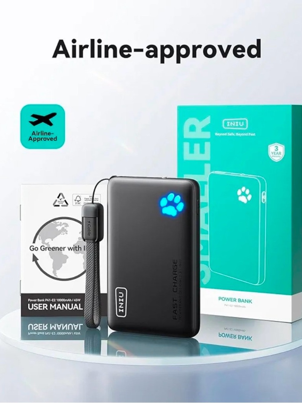 INIU Black Fast Charge 10000mAh Power Bank - Black ISO and Android compatible